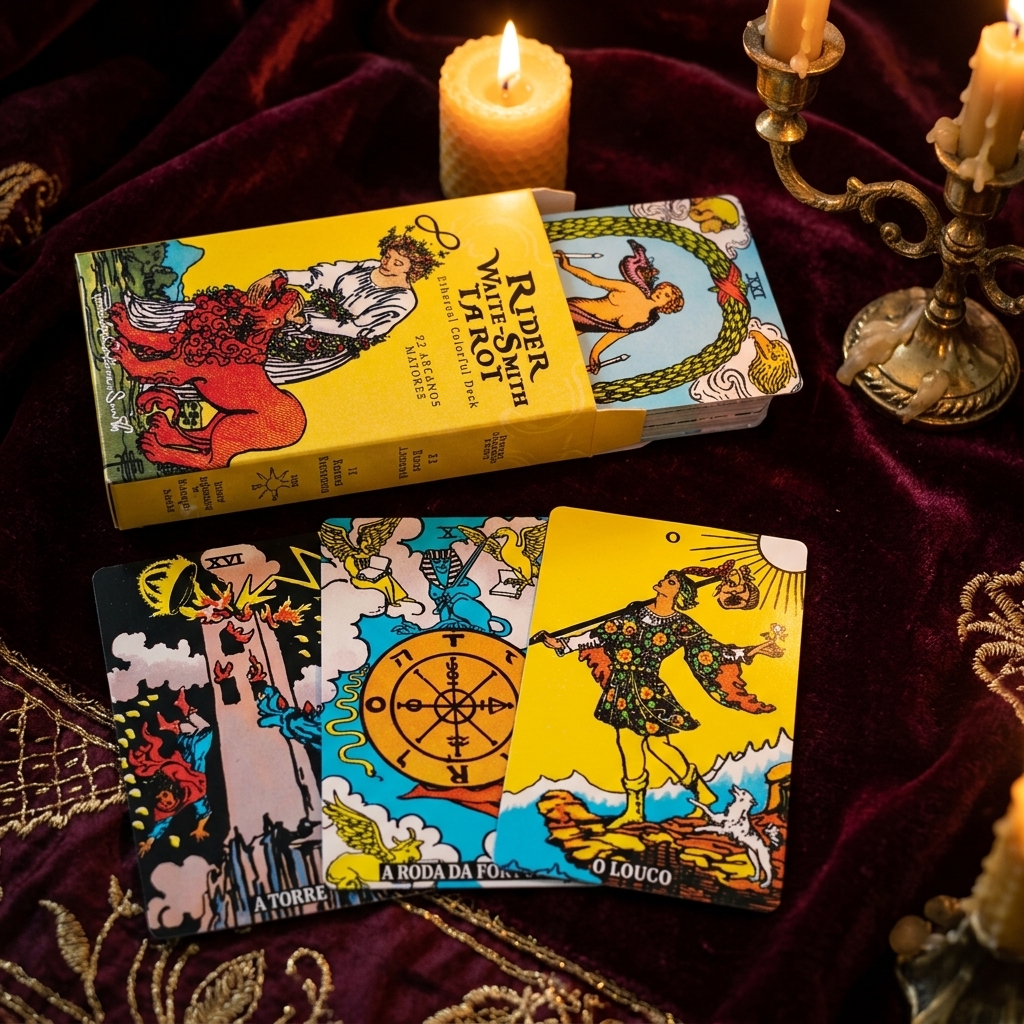 Caixa e cartas do Tarot Rider Waite-Smith sobre veludo vermelho à luz de velas